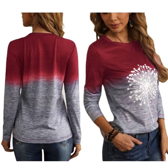Emery Rose Women's Red/Gray Dandelion Print Ombre Long Sleeve Tee Size Large - Picture 1 of 8